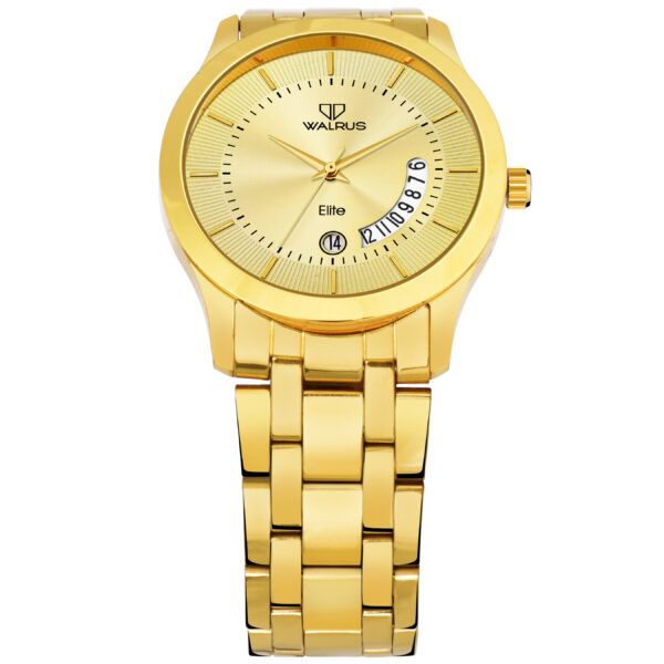 Walrus Gold Dial Analog Day Date Function Metal Chain Wrist Watch For Men With PUSH Button Lock