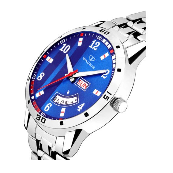 Walrus Blue Dial Analog Day Date Function Metal Chain Wrist Watch For Men With PUSH Button Lock