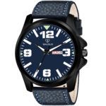 Walrus Blue Dial Analog Day Date Function Leather Strap Wrist Watch For Men