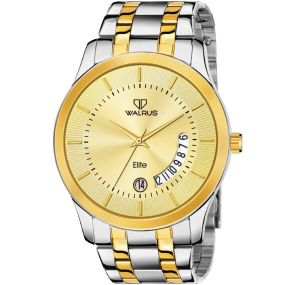 Walrus Gold Dial Analog Day Date Function Metal Chain Wrist Watch For Men With PUSH Button Lock
