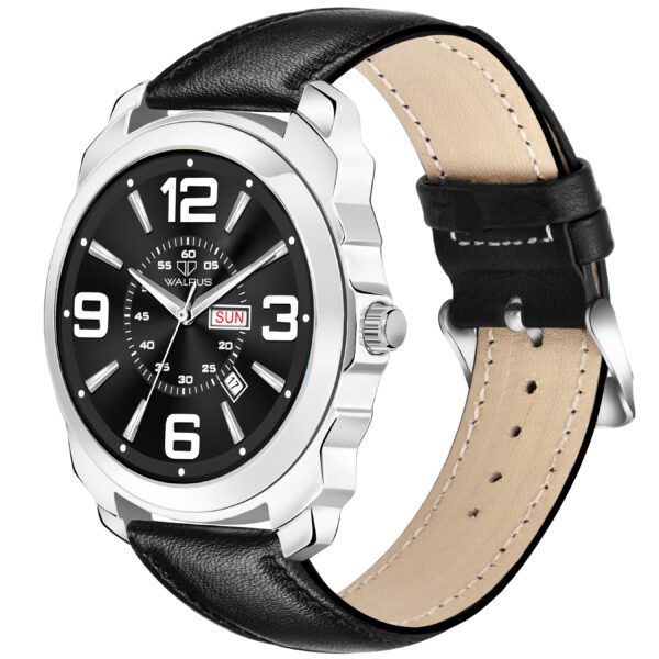 Walrus Black Dial Analog Day Date Function Leather Strap Wrist Watch For Men