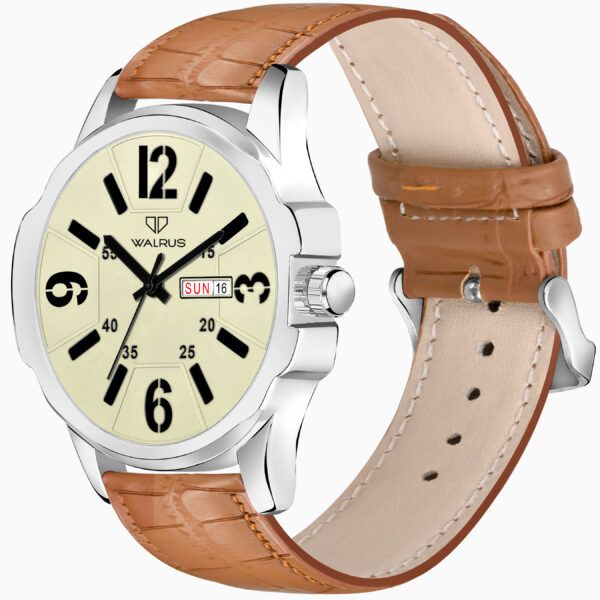 Walrus White Dial Analog Day Date Function Leather Strap Wrist Watch For Men
