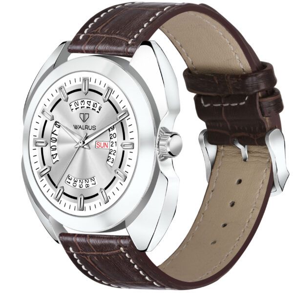 Walrus Silver Dial Analog Day Date Function Leather Strap Wrist Watch For Men