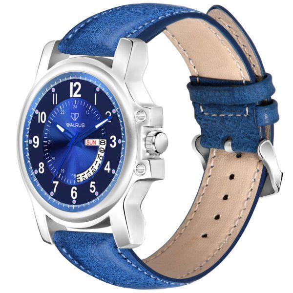 Walrus Blue Dial Analog Day Date Function Leather Strap Wrist Watch For Men